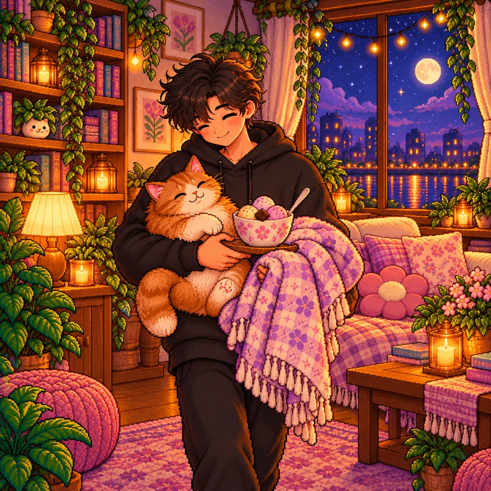 Chibi pixel-art boyfriend carrying a blanket and the cat to the couch