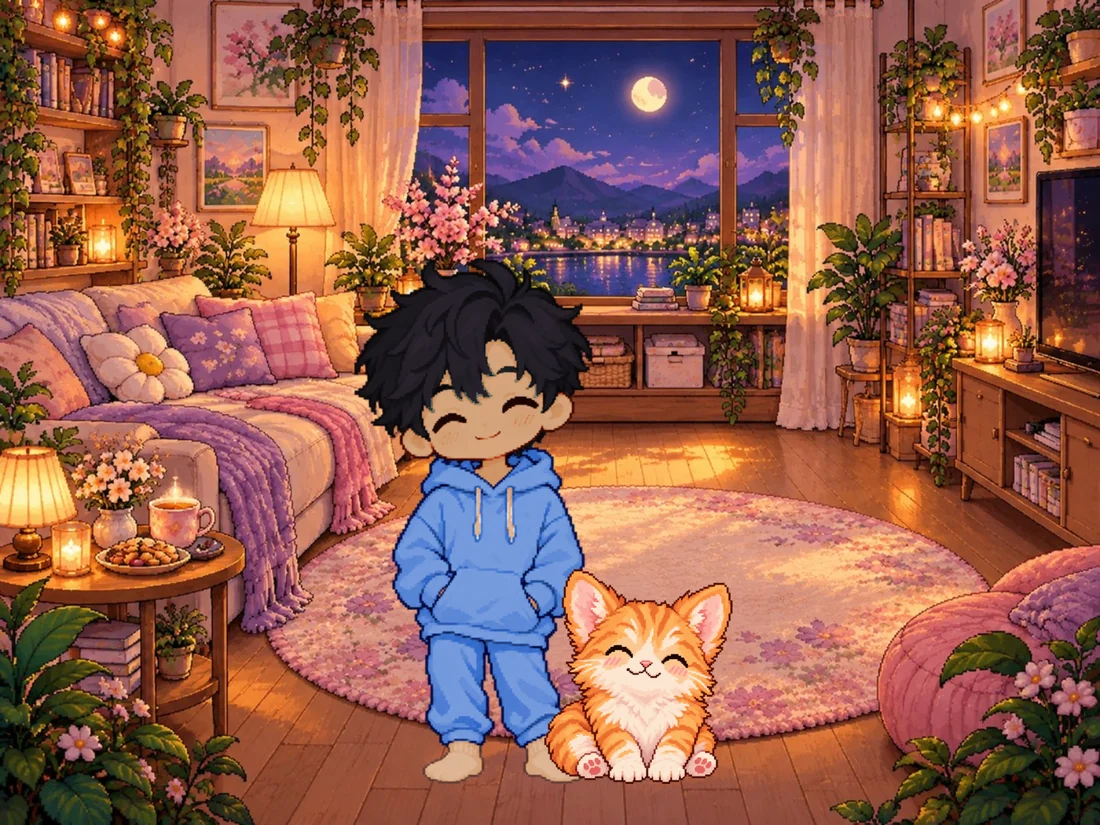Chibi pixel-art partner waiting with a phone in a cozy room